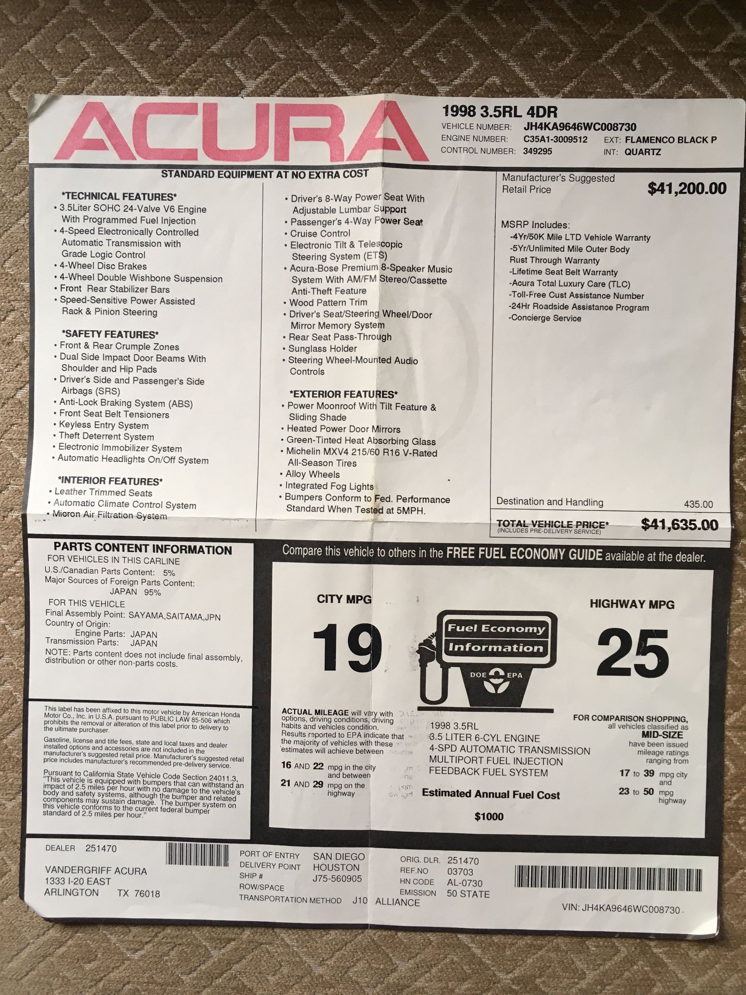 1998 Acura RL - FS: 1998 Acura 3.5 RL in Connecticut  *SALVAGE TITLE* - Used - VIN JH4KA9646WC008730 - 203,222 Miles - 6 cyl - 2WD - Automatic - Sedan - Black - Fairfield, CT 06824, United States