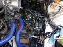 TC solenoids under throttle body and coolant hoses. 