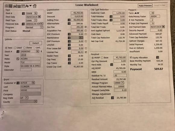 I am not very good at reading this but here is my worksheet. The $1250 customer cash is actually dealer paid. 