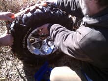 In addition to all the trail clearing, CNC thought we needed another challenge so he broke the bead on his tire hitting the side of a trail about as hard as you can hit it.  Miraculously got it to re-seat and rode the rest of the day.