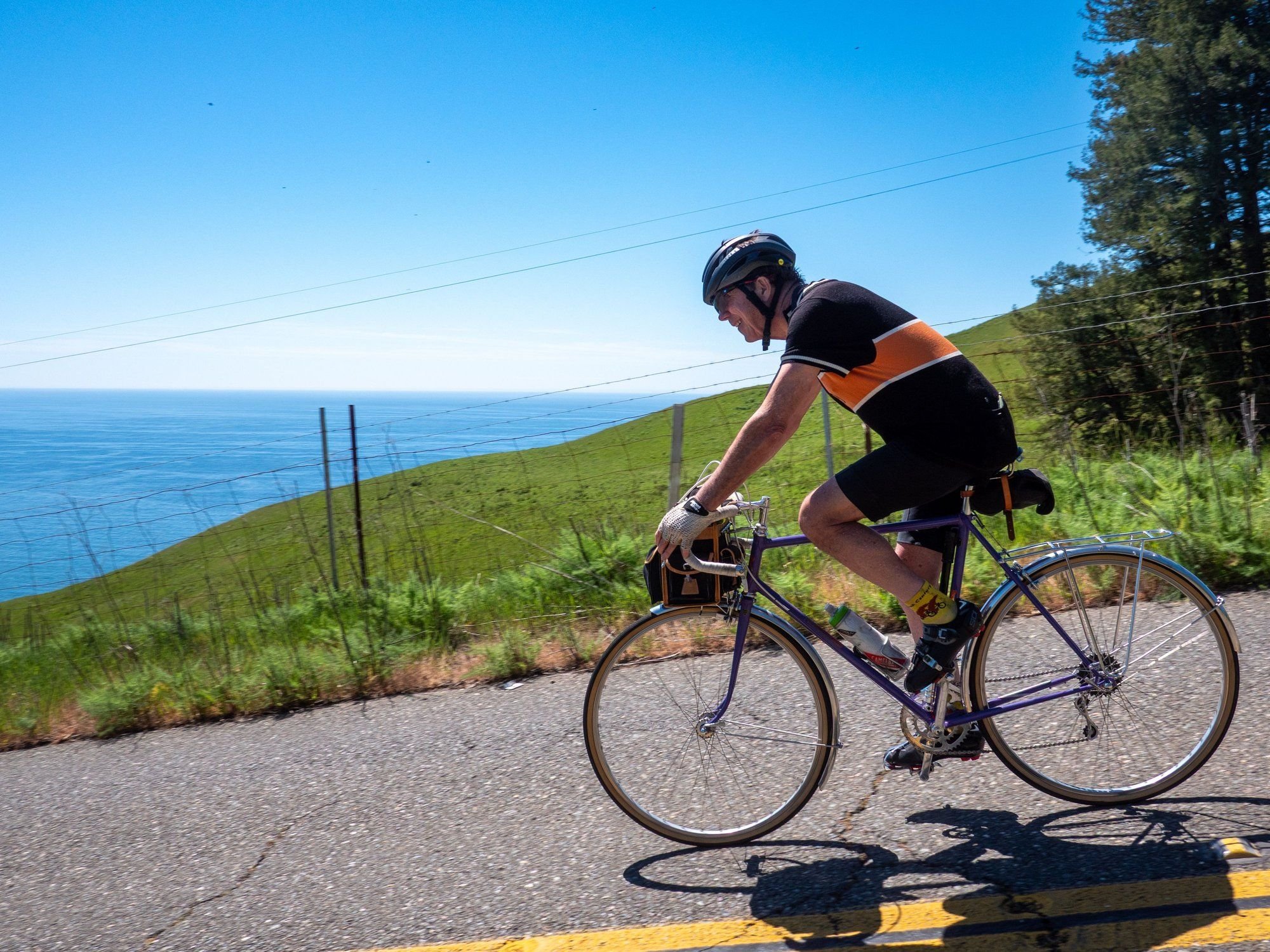 Looks steep here, but it was a lot steeper further down Meyers Grade - Dave is unfazed.