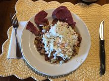 Terrific post ride meal at the in-laws. Country ham, cornbread, pintos, slaw and onions...all mixed together with extra bean broth.