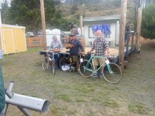 Culmination of the concourse with Curtis Odom’s Mario Confente edging out Jim’s gorgeous Baylis and the Bianchi Specialisima.