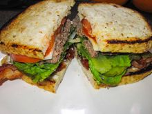 Mushroom bacon cheese burger on my classic toasted cracked sour dough.
