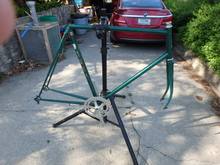 Dark green with patina in a few places.  Decals seem to be late seventies.  105 cranks and bb. Tange HS included.