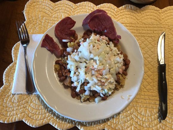 Terrific post ride meal at the in-laws. Country ham, cornbread, pintos, slaw and onions...all mixed together with extra bean broth.