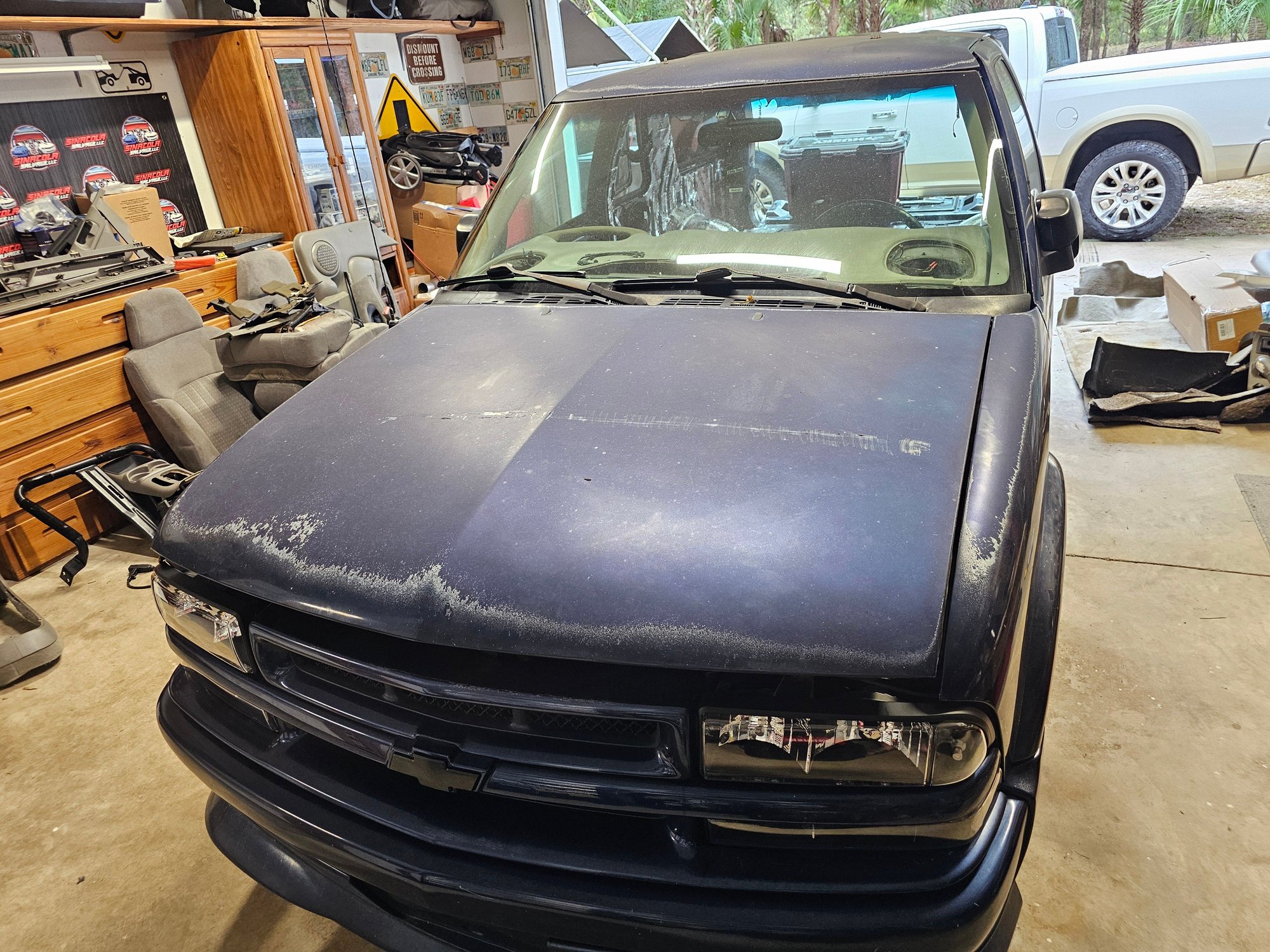 Old, faded stock hood. It looks like at one point it was strapped across the hood on a trailer and the strap burnt a line across the hood. 