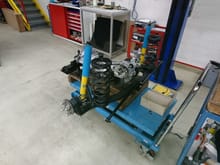 Gearbox sitting on an engine cart, waiting to be mated to the chassis.