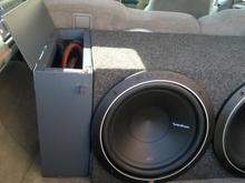 The 12" P1s in enclosed box. Custom removable Plasti-dipped jumper cable box attached