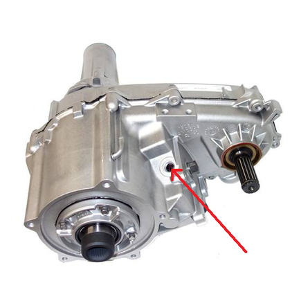 NP233 transfer case. Arrow shows where vacuum switch would be installed. (https://shop.powertrainproducts.net/product/tc108-3/)