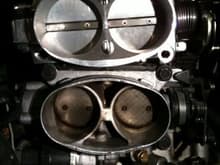 Side by side comparison. Stock 52mm throttle body on the bottom. New 58mm on top. I also matched the ports. More air more power.