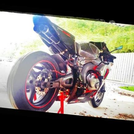 Ass shot of my baby, shes wearing some D&amp;D slip ons right here... Just got a Full titanium arata i will be putting on soon!!