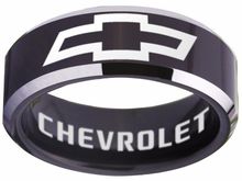 Black and Silver beveled Chevrolet tungsten ring available is sizes 4 - 17 at www.CustomRings.org