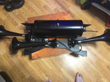  Photo of air tank, air horns and air valve all mounted on bracket 