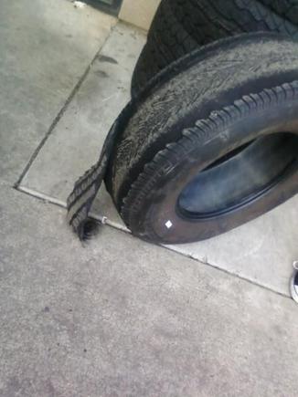 Freaking Retreads - replaced all 4 on my truck and the  spare. 3 of the 4 had the tire blow or treads rip apart like this one. Had the truck less then a year - owner before me went the cheap route - not a good idea!!