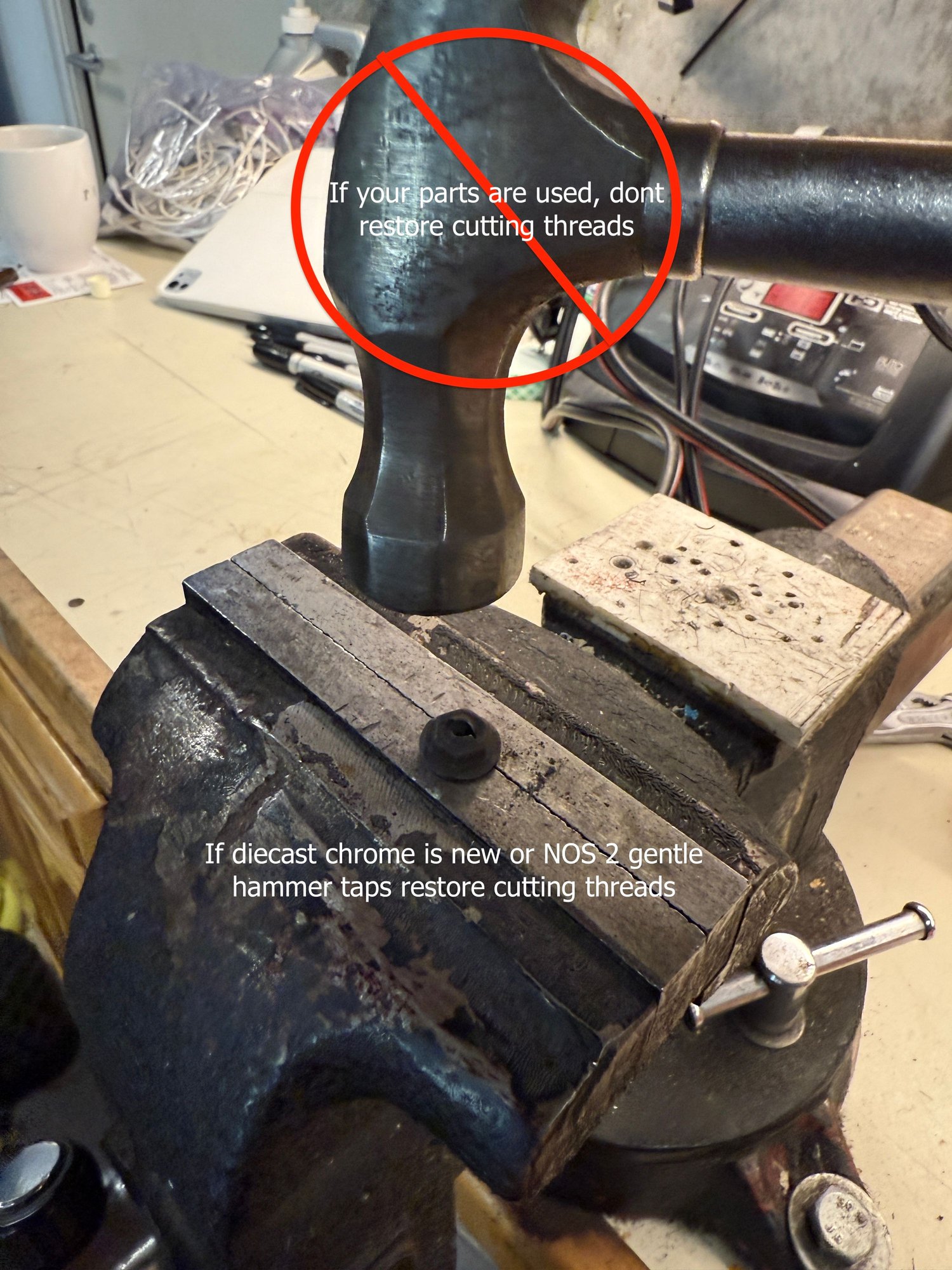 For new parts, 2 simple hammer taps can restore the cutting threads. Don't do this when working with used diecast chrome. 