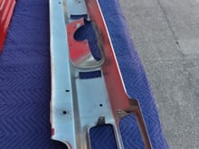 71-72 OEM Cutlass 442 H/O rear bumper with factory bumper guards. This bumper is not show. It is a very good driver or re chrome candidate. Has small area of rust on underside (see photo).  Was re chromed at some time in it's life. The bumper is straight.
$400