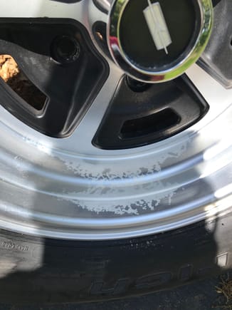 One wheel was damaged by the brown stuff. It fell from one of the trees on my property and stained the wheel. It was wet and laying on the wheel for no more than 2-3 days. I tried briefly to clean it off but no luck. Not sure if aluminum polish will remove it.