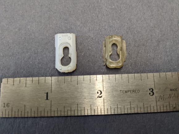 Aftermarket door clip on left, OE on right