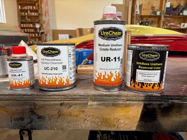 So I got a paint cost estimate from local DuPont dealer and they came in at $3800 for one gallon of red.  I have had my eye on UreChem paint for a while, and decided to give it a try.  Couldn't find any bad reports on the Net.  So….this is a quart of Red Peril urethane and a quart of clear.  Activator and urethane reducer.  $170 to my door.  