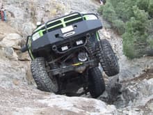 Wheelin on the Snakes Trail in Utah with the Dodge T-Rex coming up Wayns world.