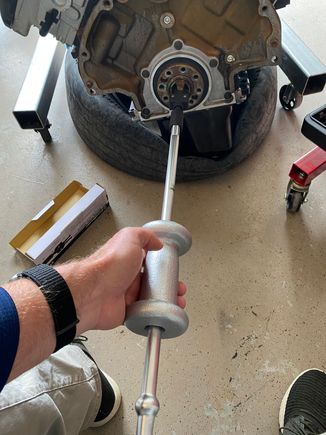 Slide hammering the almost blind bushing.