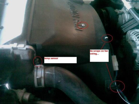 ShroudWiring. I labeled where I secured the wires going to the fan, and where I secured my temp sensor in the radiator.  You have to push it through into the fins a bit.  The little plastic hoop I used to hold it still came with the temp sensor.