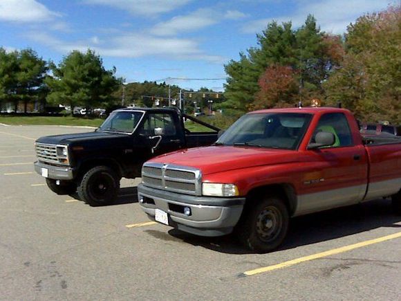 1998 Dodge Ram with my older 1986 Ford F150 with the straight 6 and top loaded 4 speed.