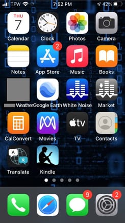 My first page, with my most commonly used apps... Camera, Photos, Weather App from a local tv station, Kindle, Apple stuff, and "White Noise" that I play when I sleep.
