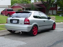 Rear view - Powder Coated Rota N1R rims 16 x 7 I had the 1st 5Zigen Fireball exhaust sold in Dallas. Pot holes and speed bumps tore the exhuast up.