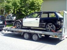 On the trailer, taking it to the paint-shop.
