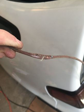 This was the + wire they had going to the fuel pump. It was pinched between the fuel tank and bottom of the trunk, just about worn thru.  So I replaced it and rerouted around the tank. 