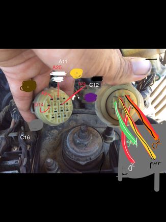 I did a lot of continuing testing. On the left the These are the coordinated color of the wires at the ecu and the end pin location to the p75 is in red. The pin locations in white are where they in turn go to the conversion harness on the obd0 side. On the right is a grey square representing the harness side on the o2 plug And where continuity is to the end of the engine harness. The colors used are not the Actual colors. Those colors are what they should be according to the obd1 pin out 