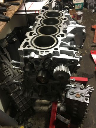Water pump and oil pump installed