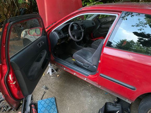 Swapping the interior and doors took about 8 hours or so of work by myself. I did it over 3 days. I think I could have spent less time on it if I had a whole day to commit it.