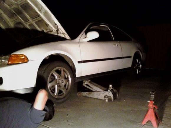 The old whip getting a new heart. B20 Vtec, solid mounts, exedy stage 1 clutch, 440 injectors, Skunk2 intake manifold with Skunk2 valveterrain, LS trans, SIR lip and more.