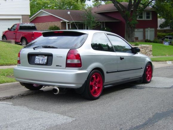Rear view - Powder Coated Rota N1R rims 16 x 7 I had the 1st 5Zigen Fireball exhaust sold in Dallas. Pot holes and speed bumps tore the exhuast up.