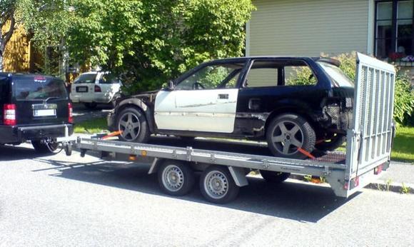 On the trailer, taking it to the paint-shop.