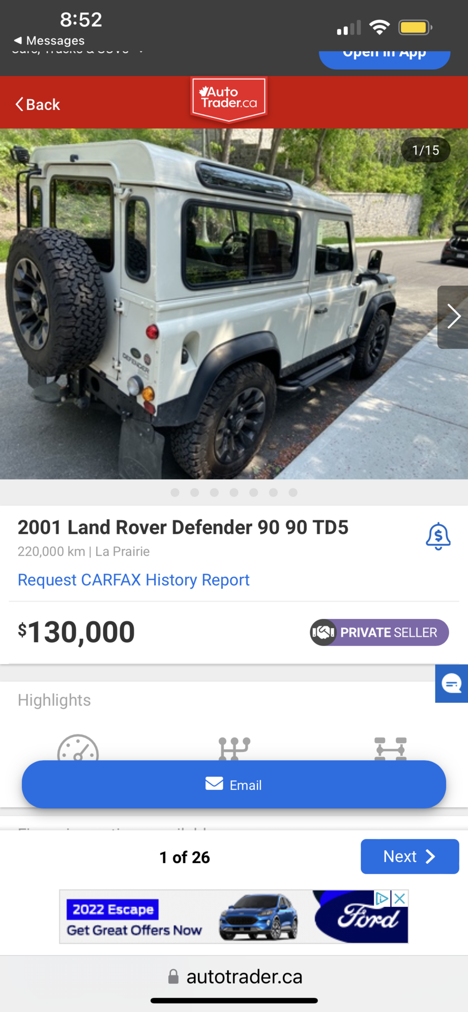 2001 Land Rover Range Rover - Land Rover Defender  90 TD5 - Used - VIN SALLDVB582A625998 - 220,000 Miles - 5 cyl - 4WD - Manual - Truck - White - Montreal, QC H4B3A1, Canada