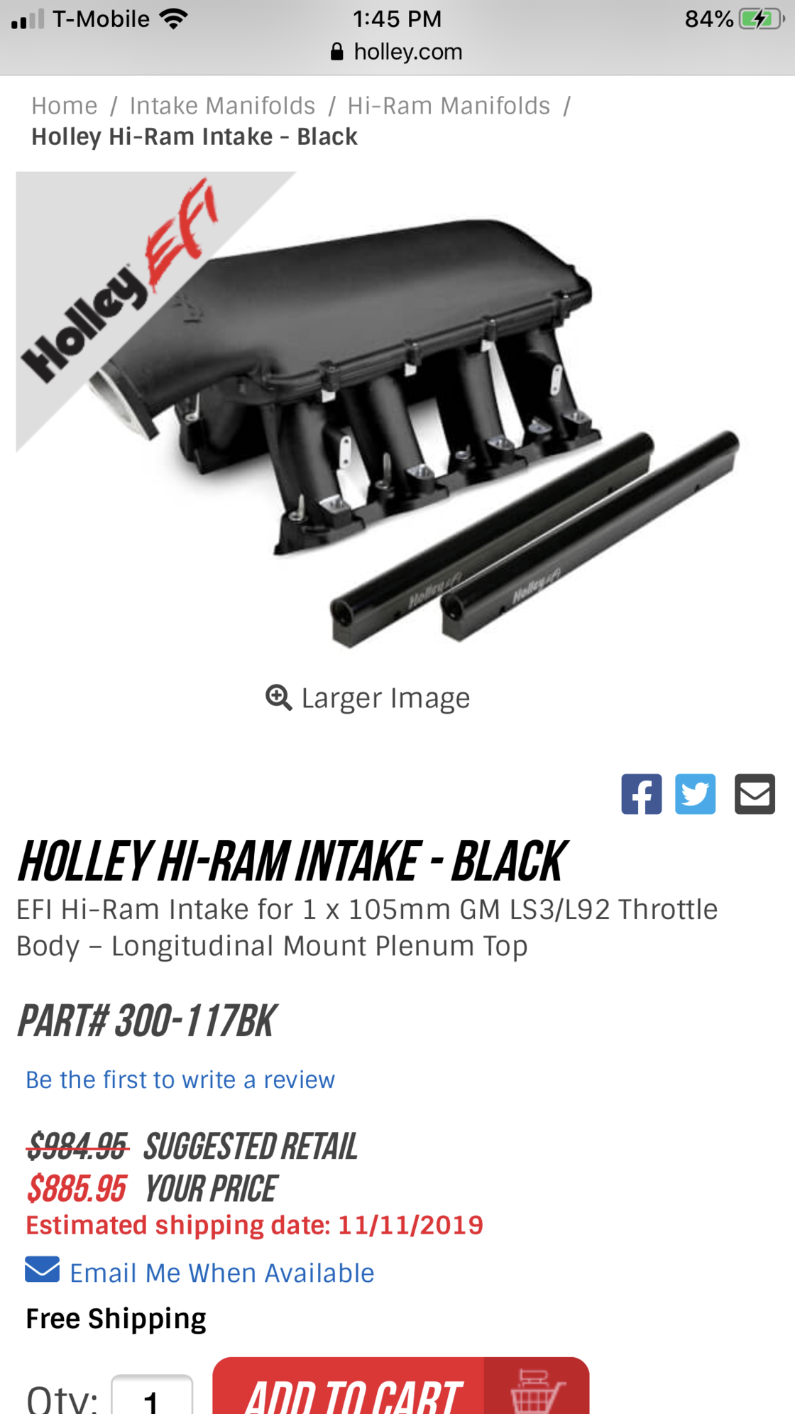  - Holley Hi-Ram Intake 105mm - Black LS3/L92 - Irvine, CA 92602, United States
