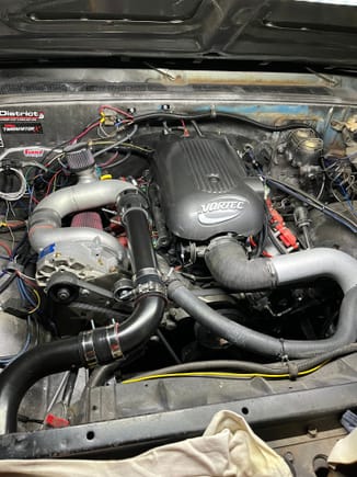 220/220 cammed 4.8 with vortech supercharger and 2.87 pulley…3000 stalled th350 with 3.73 12 bolt rear…originally a 6 cyl granny 4 spd truck