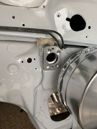 Here is the clutch master cylinder mounting plate in position waiting for holes to be drilled.  Way too close to the freshly painted brake booster.