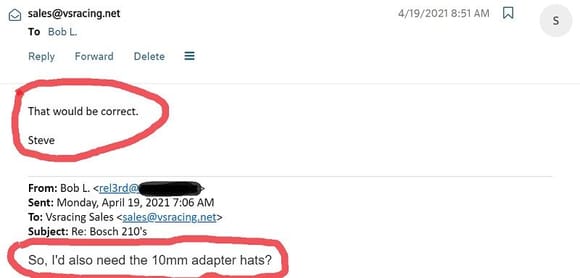 My inquiry asking about spacers/hats, that they offered.