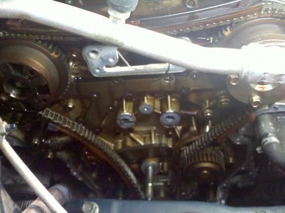 View of timing chains and water pump