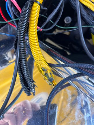 Yellow cover is my manifold vacuum hose.  I have not figured out yet what the black/green striped wire that was also melted, but it goes into my firewall and suspect has someting to do with my heating. 