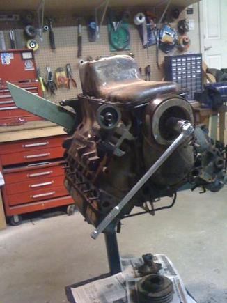 Even with the wood wedged between the flex plate and stand, still needed a snipe and a backup person on the engine stand handle