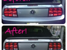 This the before and after picture of the black trail light covers I got for my car! It really matched the black stripes on the car really well!
