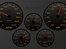M.1b Performance Computer screen shot, Traditional Layout, red indicators, orange text and black matte skin.