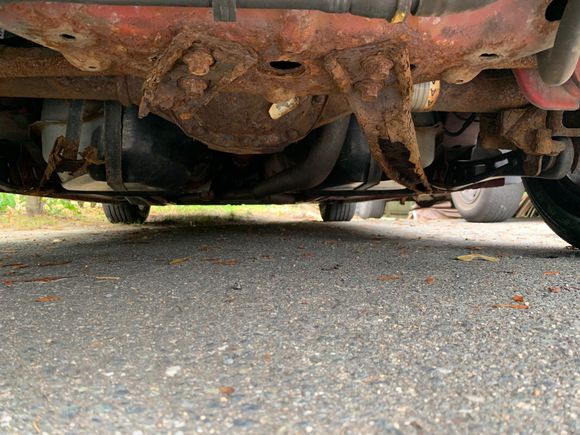 Good look under an 06 GT that needs help. Notice the missing left brace from deterioration. 