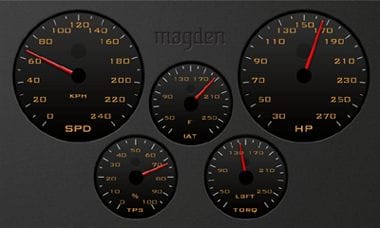 M.1b Performance Computer screen shot, Traditional Layout, red indicators, orange text and black matte skin.
